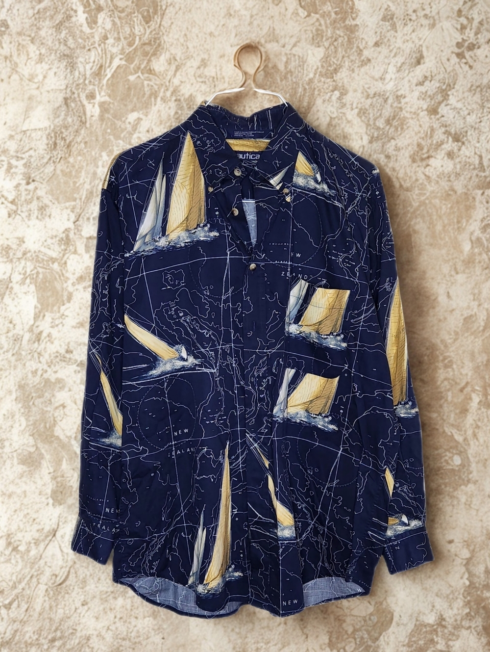 Vintage 90s Nautica AOP Sailboat New Zealand Map Button Down Shirt Men’s Large